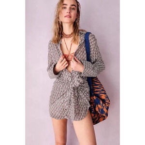 Free People Rillo Mini Shirt Dress Black Beach Summer Tie Front Size XS